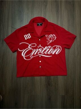 Red 'Emotion' Script Camp-Collar Button Shirt